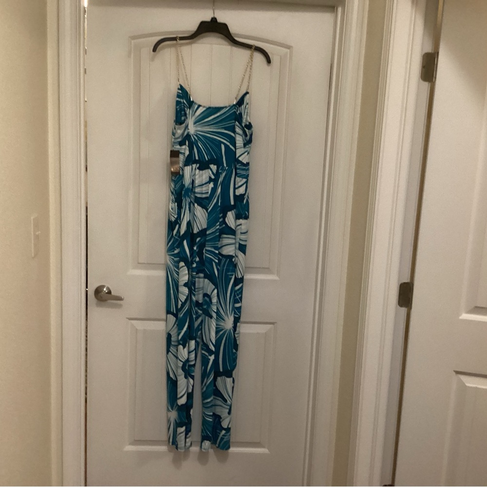 Tropical turquoise Blue and White Jumpsuit with gold chain straps. NWT